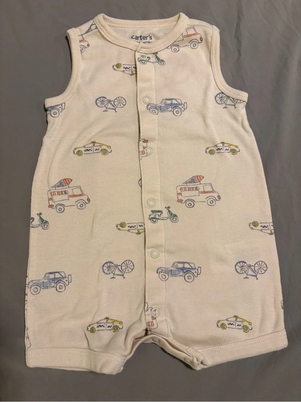 Carter's 6M Sleeveless Cream Snap Romper - Transportation Print